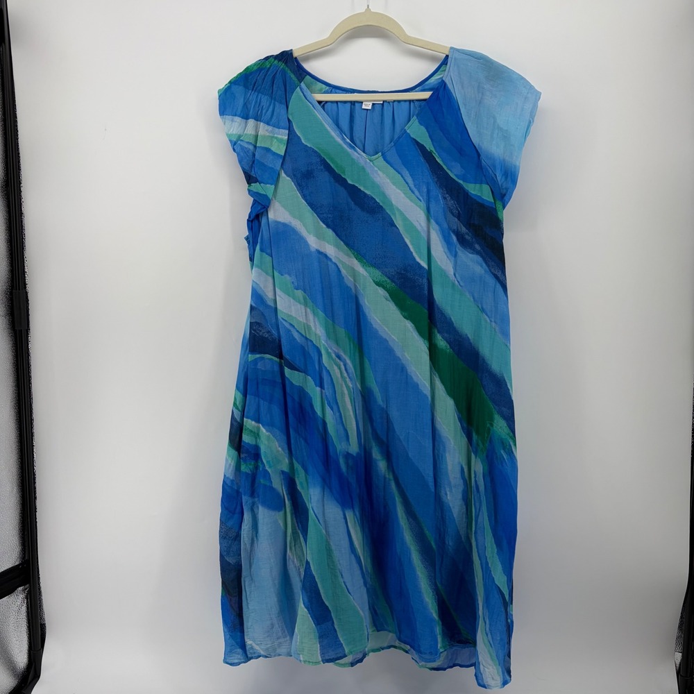 Chicos Womens XL Blue Abstract Watercolor Cotton Silk Flutter Sleeve Shift Dress